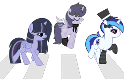 Size: 2052x1320 | Tagged: safe, artist:holdytussigwpigeon, artist:rukemon, base used, oc, oc:melodic dreams, oc:moonlight nova, oc:nightfall blitz, parent:mean twilight sparkle, parent:oc:moonshine twinkle, parent:octavia melody, parent:vinyl scratch, parents:canon x oc, parents:scratchtavia, species:alicorn, species:pony, species:unicorn, icey-verse, abbey road, alicorn oc, bandaid, bow, clothing, commission, ear piercing, earring, eyes closed, eyeshadow, female, flying, grin, hair bow, hat, jewelry, magical lesbian spawn, makeup, mare, multicolored hair, offspring, open mouth, parents:meanshine, piercing, pronking, raised hoof, raised leg, scarf, siblings, simple background, sisters, the beatles
