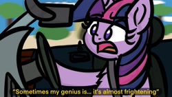Size: 1599x900 | Tagged: safe, artist:ashtoneer, character:twilight sparkle, species:pony, car, chest fluff, dialogue, driving, female, mare, meme, ponified meme, sitting, solo, steering wheel, top gear