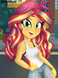 Size: 1536x2048 | Tagged: safe, artist:artmlpk, character:sunset shimmer, my little pony:equestria girls, bandana, blushing, bra, clothing, crop top bra, cute, denim, design, female, hand on hip, house, jeans, looking at you, open mouth, pants, shimmerbetes, shirt, smiling, smiling at you, solo, style, t-shirt, tank top, underwear