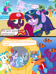 Size: 1080x1440 | Tagged: safe, artist:rainbow eevee edits, artist:徐詩珮, character:fizzlepop berrytwist, character:glitter drops, character:maud pie, character:ocellus, character:rainbow dash, character:silverstream, character:smolder, character:spring rain, character:starlight glimmer, character:sunburst, character:tempest shadow, character:terramar, character:trixie, character:twilight sparkle, character:twilight sparkle (alicorn), species:alicorn, species:pony, species:unicorn, series:sprglitemplight diary, series:sprglitemplight life jacket days, series:springshadowdrops diary, series:springshadowdrops life jacket days, ship:glitterlight, ship:glittershadow, ship:tempestlight, aid marshall (paw patrol), alternate universe, angry, bisexual, broken horn, chase (paw patrol), clothing, cute, dialogue, equestria girls outfit, female, fish, glitterbetes, horn, lesbian, lifeguard, lifeguard spring rain, marshall (paw patrol), paw patrol, polyamory, shipping, skye (paw patrol), smolderbetes, snorkeling, sprglitemplight, spring rain is not amused, springbetes, springdrops, springlight, springshadow, springshadowdrops, spy chase (paw patrol), tempestbetes, unamused, zuma (paw patrol)