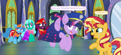 Size: 2340x1080 | Tagged: safe, artist:rainbow eevee edits, artist:徐詩珮, character:fizzlepop berrytwist, character:glitter drops, character:spring rain, character:sunset shimmer, character:tempest shadow, character:twilight sparkle, character:twilight sparkle (alicorn), species:alicorn, species:pony, species:unicorn, series:sprglitemplight diary, series:sprglitemplight life jacket days, series:springshadowdrops diary, series:springshadowdrops life jacket days, ship:glitterlight, ship:glittershadow, ship:tempestlight, alternate universe, bisexual, broken horn, chase (paw patrol), clothing, cute, dialogue, equestria girls outfit, female, glitterbetes, horn, lesbian, lifeguard, lifeguard spring rain, magic mirror, marshall (paw patrol), paw patrol, polyamory, shipping, skye (paw patrol), sprglitemplight, springbetes, springdrops, springlight, springshadow, springshadowdrops, tempestbetes, zuma (paw patrol)