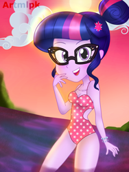Size: 1536x2048 | Tagged: safe, artist:artmlpk, character:twilight sparkle, character:twilight sparkle (scitwi), species:eqg human, my little pony:equestria girls, adorable face, adorasexy, adorkable, beach, blushing, bracelet, breasts, cleavage, clothing, cute, dork, female, hair bun, hairpin, jewelry, looking at you, ocean, one-piece swimsuit, sexy, smiling, smiling at you, solo, swimsuit, twiabetes