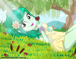 Size: 836x648 | Tagged: safe, artist:charliexe, character:wallflower blush, my little pony:equestria girls, alternate hairstyle, clothing, crepuscular rays, cute, dress, female, flower, flower in hair, flowerbetes, freckles, grass, solo, sundress, tree, wallflower and plants