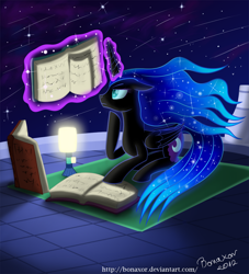 Size: 1000x1100 | Tagged: safe, artist:bonaxor, character:nightmare moon, character:princess luna, oc, oc:dream, species:alicorn, species:pony, book, female, floppy ears, mare, missing accessory, prone, reading, solo
