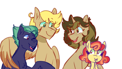 Size: 1280x727 | Tagged: safe, artist:cubbybatdoodles, oc, oc only, oc:brown butter, oc:hopscotch, oc:whimsical note, oc:wind biter, parent:derpy hooves, parent:doctor whooves, parent:time turner, parents:doctorderpy, species:earth pony, species:pegasus, species:pony, species:unicorn, brother and sister, brothers, female, filly, freckles, hug, male, mare, offspring, older, one eye closed, siblings, simple background, sisters, smiling, sombra eyes, stallion, white background, winghug