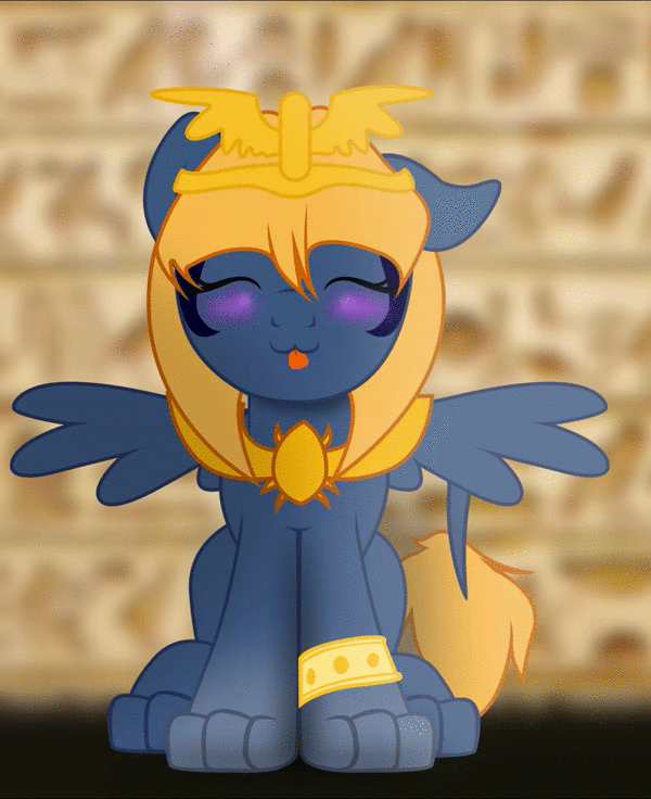 Size: 600x736 | Tagged: safe, artist:bastbrushie, oc, oc:pietas lazuli, species:sphinx, animated, blep, egyptian, gif, gold, jewelry, makeup, paws, sphinx oc, tongue out, wings