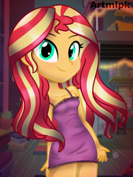 Size: 1536x2048 | Tagged: safe, artist:artmlpk, character:sunset shimmer, my little pony:equestria girls, adorable face, adorasexy, alternate hairstyle, bare chest, bare shoulders, blushing, clothing, cute, female, looking at you, outfit, pajamas, sexy, shimmerbetes, sleepover, sleeveless, smiley face, smiling, smiling at you, solo, thighs