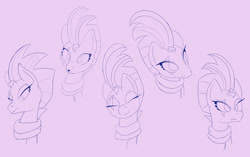 Size: 1300x817 | Tagged: safe, artist:fuzon-s, character:fizzlepop berrytwist, character:tempest shadow, species:pony, species:unicorn, broken horn, clothing, cute, expressions, eyes closed, female, horn, looking up, mare, scarf, simple background, skeptical, sketch, smiling, solo, surprised, tempestbetes