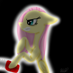 Size: 1000x1000 | Tagged: safe, artist:rainbow dash is best pony, character:fluttershy, species:pegasus, species:pony, .mov, black background, chainsaw, female, fluttershed, gritted teeth, shed.mov, simple background, solo