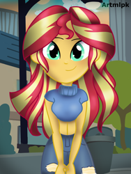 Size: 1536x2048 | Tagged: safe, artist:artmlpk, character:sunset shimmer, my little pony:equestria girls, adorable face, adorkable, blushing, city, cityscape, clothing, cute, denim, digital art, dork, female, jeans, looking at you, pants, shimmerbetes, smiling, smiling at you, solo, sweater, turtleneck
