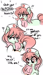 Size: 1170x2048 | Tagged: safe, artist:emberslament, oc, oc only, species:earth pony, species:pony, blushing, clothing, dialogue, exclamation point, female, hat, heart, lidded eyes, mare, nurse, nurse hat, open mouth, solo, yelling