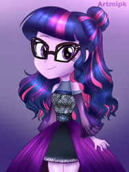 Size: 1536x2048 | Tagged: safe, artist:artmlpk, character:twilight sparkle, character:twilight sparkle (scitwi), species:eqg human, my little pony:equestria girls, alternate hairstyle, beautiful, clothing, curly hair, cute, digital art, dress, fashion, fashion style, female, glasses, looking at you, outfit, smiling, smiling at you, solo, toy, twiabetes