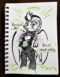 Size: 800x1022 | Tagged: safe, artist:shoeunit, character:lightning dust, species:pegasus, species:pony, blatant lies, clothing, dialogue, female, halo, mare, semi-anthro, solo, traditional art