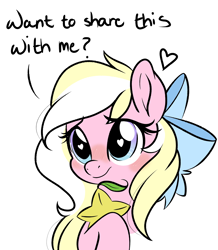 Size: 2382x2728 | Tagged: safe, artist:emberslament, oc, oc only, oc:bay breeze, species:pony, blushing, bow, colored sketch, cute, female, hair bow, heart eyes, mare, paopu fruit, simple background, sketch, speech, text, white background, wingding eyes