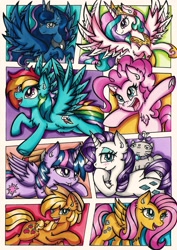 Size: 1451x2048 | Tagged: safe, artist:canvymamamoo, character:applejack, character:fluttershy, character:opalescence, character:pinkie pie, character:princess celestia, character:princess luna, character:rainbow dash, character:rarity, character:twilight sparkle, character:twilight sparkle (alicorn), species:alicorn, species:earth pony, species:pegasus, species:pony, species:unicorn, blushing, chest fluff, ear fluff, female, frog (hoof), hoof shoes, jewelry, lying down, mane six, mare, open mouth, peytral, raised hoof, regalia, royal sisters, smiling, spread wings, tongue out, underhoof, wings