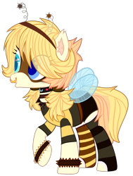 Size: 1541x2041 | Tagged: safe, artist:rukemon, artist:tocyabases, base used, oc, oc only, oc:busy buzz (ice1517), species:pony, bee pony, bow tie, choker, clothing, collar, commission, deely bobbers, female, mare, mask, mismatched socks, nose piercing, nose ring, open mouth, original species, piercing, raised hoof, shirt, shorts, simple background, socks, solo, striped socks, transparent background, wristband