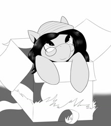 Size: 1119x1280 | Tagged: safe, artist:helixjack, oc, oc only, species:earth pony, species:pony, box, clothing, earth pony oc, glasses, grayscale, hat, looking up, monochrome, pony in a box, solo