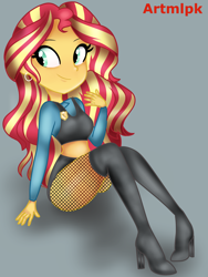 Size: 1536x2048 | Tagged: safe, artist:artmlpk, character:sunset shimmer, my little pony:equestria girls, adorkable, badge, blushing, boots, clothing, costume, cute, digital art, dork, ear piercing, earring, female, fishnets, high heel boots, jewelry, looking over shoulder, midriff, miniskirt, piercing, police, police officer, police uniform, redraw, redrawn, shimmerbetes, shoes, sitting, skirt, socks, solo, thigh boots, thigh highs, thighs