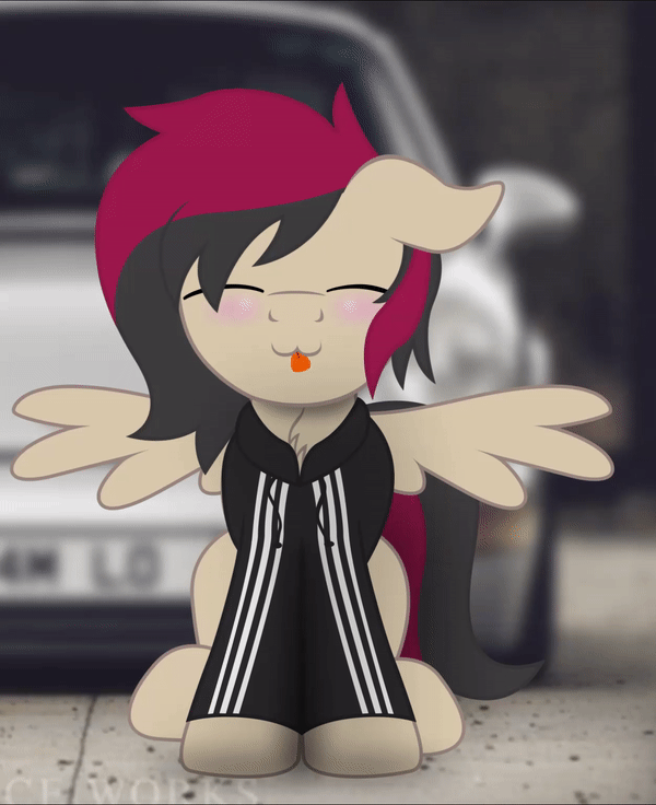Size: 600x736 | Tagged: safe, artist:bastbrushie, part of a set, oc, oc only, oc:porsche speedwings, species:pegasus, species:pony, adidas, adidas tracksuit, animated, blep, blurred background, blushing, clothing, cute, floppy ears, gif, happy, hnnng, hoodie, hoof tapping, male, moving legs, pegasus oc, pfft, porsche 911, sitting, spread wings, stallion, tan coat, tongue out, tracksuit, vibing, wings, ych result