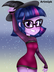 Size: 1536x2048 | Tagged: safe, artist:artmlpk, character:twilight sparkle, character:twilight sparkle (scitwi), species:eqg human, my little pony:equestria girls, adorasexy, adorkable, alternate hairstyle, blushing, clothing, costume, cute, dork, female, halloween, halloween costume, hat, holiday, looking at you, minidress, sexy, short hair, smiling at you, solo, thigh gap, twiabetes, witch, witch costume, witch hat