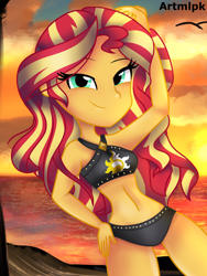 Size: 1536x2048 | Tagged: safe, artist:artmlpk, character:sunset shimmer, g4, my little pony: equestria girls, my little pony:equestria girls, adorasexy, adorkable, beach, beach babe, beautiful, belly, bikini, clothing, cute, dork, female, hair, hand on head, hand on hip, looking at you, ocean, outfit, sexy, shimmerbetes, smiling, smiling at you, smirk, smug, smugset shimmer, solo, summer sunset, sunset, swimsuit, two piece swimsuit