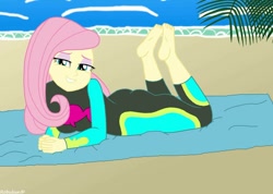 Size: 1058x755 | Tagged: safe, artist:robukun, character:fluttershy, my little pony:equestria girls, barefoot, beach, beach towel, bedroom eyes, clothing, feet, feet up, female, foot focus, grin, looking at you, prone, smiling, smiling at you, solo, swimsuit, wetsuit
