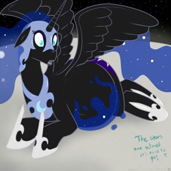 Size: 1280x1280 | Tagged: safe, artist:m-p-l, character:nightmare moon, character:princess luna, species:alicorn, species:pony, female, floppy ears, kicking, mare, moon, nightmother moon, pregnant, prone, shocked, solo