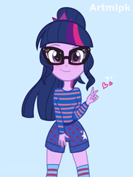 Size: 1536x2048 | Tagged: safe, artist:artmlpk, character:twilight sparkle, character:twilight sparkle (scitwi), species:eqg human, my little pony:equestria girls, adorable face, adorkable, alternate design, blue background, blushing, clothing, cute, digital art, dork, female, looking at you, peace sign, ponytail, shorts, simple background, smiling, smiling at you, solo, twiabetes, vector
