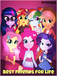 Size: 1536x2040 | Tagged: safe, artist:artmlpk, character:applejack, character:fluttershy, character:pinkie pie, character:rainbow dash, character:rarity, character:sunset shimmer, character:twilight sparkle, character:twilight sparkle (scitwi), species:eqg human, my little pony:equestria girls, best friends, cute, humane five, humane seven, humane six, looking at you, smiling, smiling at you