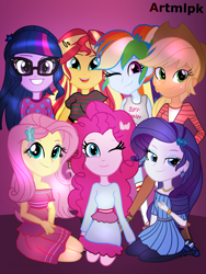 Size: 1536x2048 | Tagged: safe, artist:artmlpk, character:applejack, character:fluttershy, character:pinkie pie, character:rainbow dash, character:rarity, character:sunset shimmer, character:twilight sparkle, character:twilight sparkle (scitwi), species:eqg human, my little pony:equestria girls, cute, digital art, humane five, humane seven, humane six, looking at you, smiling, smiling at you