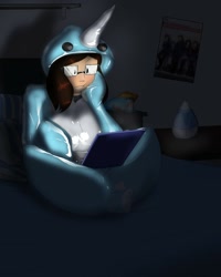 Size: 1024x1280 | Tagged: safe, artist:helixjack, oc, oc only, oc:skizzy, species:human, species:pony, species:unicorn, bed, clothing, computer, costume, female, glasses, horn, humanized, kigurumi, laptop computer, latex, latex suit, pony costume, poster, sitting