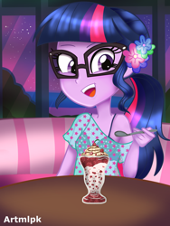 Size: 1536x2048 | Tagged: safe, artist:artmlpk, character:twilight sparkle, character:twilight sparkle (scitwi), species:eqg human, my little pony:equestria girls, adorable face, adorkable, alternate hairstyle, beach, bush, chair, clothing, cute, design, dork, female, flower, flower in hair, food, holding, ice cream, looking at you, night, ocean, open mouth, ponytail, seat, smiling, smiling at you, solo, spoon, stars, sundae, swimsuit, table, tropical, twiabetes, vacation