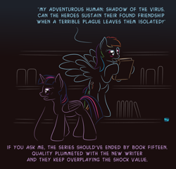 Size: 866x833 | Tagged: safe, artist:quint-t-w, character:rainbow dash, character:twilight sparkle, character:twilight sparkle (alicorn), species:alicorn, species:pegasus, species:pony, book, bookshelf, dialogue, flying, gradient background, hoof hold, implied human, lidded eyes, meta, minimalist, modern art, opinion, reading, walking