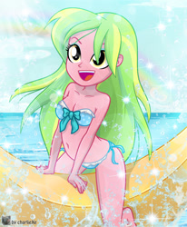 Size: 751x910 | Tagged: safe, artist:charliexe, character:lemon zest, my little pony:equestria girls, adorasexy, backbend, banana, banana boat, barefoot, beach, belly button, bikini, breasts, cleavage, clothing, cute, feet, floaty, food, happy, inflatable, inflatable toy, ocean, open mouth, pool toy, riding, sexy, stupid sexy lemon zest, swimsuit, zestabetes