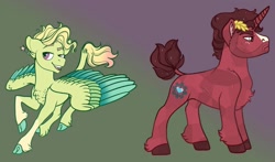 Size: 1024x603 | Tagged: safe, artist:loryska, oc, oc only, oc:bastion breeze, oc:brick hoof, parent:trenderhoof, parent:zephyr breeze, parents:trenderbreeze, species:pegasus, species:pony, species:unicorn, brothers, cloven hooves, colored wings, duo, magical gay spawn, male, multicolored wings, offspring, siblings, stallion, wings