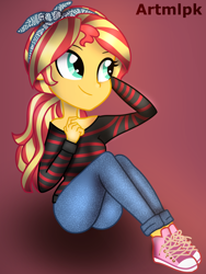 Size: 1536x2048 | Tagged: safe, artist:artmlpk, character:sunset shimmer, my little pony:equestria girls, adorable face, alternate hairstyle, bandana, clothing, converse, cute, denim, digital art, fashion, fashion style, female, jeans, long sleeve shirt, looking over shoulder, pants, ponytail, shimmerbetes, shirt, shoes, simple background, sitting, smiling, sneakers, solo, style