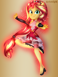 Size: 1536x2048 | Tagged: safe, artist:artmlpk, character:sunset shimmer, equestria girls:forgotten friendship, g4, my little pony: equestria girls, my little pony:equestria girls, action pose, adorable face, beautiful, boots, clothing, cute, dress, female, grin, hero, looking at you, outfit, ponied up, pose, shimmerbetes, shoes, smiling, smiling at you, solo, super ponied up, superhero, thigh boots, woman