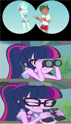 Size: 1256x2200 | Tagged: safe, artist:brandonale, edit, edited screencap, screencap, character:lyra heartstrings, character:timber spruce, character:twilight sparkle, character:twilight sparkle (scitwi), species:eqg human, ship:timbertwi, episode:turf war, episode:unsolved selfie mysteries, g4, my little pony: equestria girls, my little pony:equestria girls, female, male, shipping, side chick, straight, wrong aspect ratio