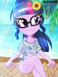 Size: 1536x2048 | Tagged: safe, artist:artmlpk, character:twilight sparkle, character:twilight sparkle (scitwi), species:eqg human, my little pony:equestria girls, adorkable, beach, beautiful, bikini, clothing, cute, digital art, dork, female, flower, flower in hair, glasses, hammock, looking over shoulder, palm tree, ponytail, sitting, smiling, solo, swimsuit, tree, twiabetes, vacation, water
