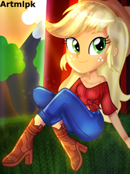 Size: 1536x2048 | Tagged: safe, artist:artmlpk, character:applejack, my little pony:equestria girls, adorable face, adorkable, alternate hairstyle, bare shoulders, beautiful, boots, clothing, cowboy boots, cowgirl style, crepuscular rays, cute, denim, dork, female, freckles, hat, jackabetes, jeans, light rays, looking at you, mountain, outfit, pants, shoes, sitting, smiling, solo, sun, tree