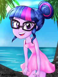 Size: 1536x2048 | Tagged: safe, artist:artmlpk, character:twilight sparkle, character:twilight sparkle (scitwi), species:eqg human, my little pony:equestria girls, adorable face, adorkable, bare chest, bare shoulders, beach, beautiful, clothing, cute, digital art, dork, dress, fashion, female, glasses, hair bun, light rays, looking at you, open mouth, outfit, palm tree, pink dress, rock, scenery, smiley face, smiling, smiling at you, solo, tree, tropical, twiabetes, vacation, water