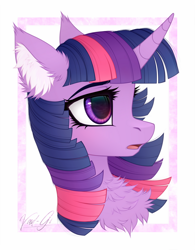 Size: 1280x1639 | Tagged: safe, artist:vird-gi, character:twilight sparkle, species:pony, abstract background, bust, chest fluff, cute, ear fluff, female, fluffy, mare, open mouth, portrait, profile, solo, twiabetes