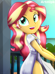 Size: 1536x2048 | Tagged: safe, artist:artmlpk, character:sunset shimmer, my little pony:equestria girls, adorable face, balcony, beach, beach view, beautiful, clothing, cute, dress, female, light, light rays, looking over shoulder, open mouth, outfit, palm tree, shimmerbetes, smiley face, smiling, solo, summer, sunflare, tree, water