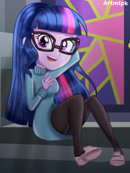 Size: 1536x2048 | Tagged: safe, artist:artmlpk, character:twilight sparkle, character:twilight sparkle (scitwi), species:eqg human, my little pony:equestria girls, adorable face, adorkable, alternate hairstyle, beautiful, clothing, cute, dork, female, glasses, looking at you, sitting, smiley face, smiling, smiling at you, sweater, turtleneck, twiabetes