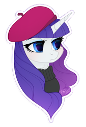 Size: 900x1330 | Tagged: safe, artist:vird-gi, character:rarity, species:pony, species:unicorn, episode:sweet and elite, g4, my little pony: friendship is magic, beatnik rarity, beret, bust, cheek fluff, clothing, cute, female, hat, mare, neck fluff, portrait, raribetes, simple background, solo, sweater, transparent background, turtleneck, white outline