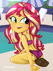 Size: 1536x2048 | Tagged: safe, artist:artmlpk, character:sunset shimmer, g4, my little pony:equestria girls, adorable face, adorasexy, adorkable, alternate hairstyle, beautiful, bikini, clothing, cute, dork, female, grin, hair, looking at you, looking back, looking back at you, open mouth, pool party, sandals, sexy, shimmerbetes, smiling, solo, swimming pool, swimsuit, two piece swimsuit, vacation
