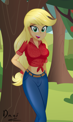 Size: 1499x2487 | Tagged: safe, artist:danielitamlp, character:applejack, my little pony:equestria girls, apple, apple tree, breasts, busty applejack, female, front knot midriff, looking at you, midriff, open mouth, solo, tree