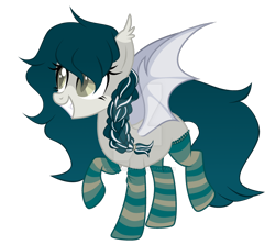 Size: 1280x1141 | Tagged: safe, artist:magicdarkart, oc, oc only, species:bat pony, species:pony, bat pony oc, bat wings, braid, clothing, colored pupils, deviantart watermark, ear tufts, fangs, female, grin, mare, obtrusive watermark, simple background, slit eyes, slit pupils, smiling, socks, solo, striped socks, transparent background, watermark, wings