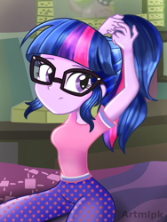 Size: 1536x2048 | Tagged: safe, artist:artmlpk, character:twilight sparkle, character:twilight sparkle (scitwi), species:eqg human, my little pony:equestria girls, adorable face, adorkable, alternate design, beautiful, bed, bedroom, clothing, cute, dork, female, glasses, lamp, looking over shoulder, pajamas, ponytail, sitting, solo, twiabetes