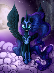 Size: 2335x3163 | Tagged: safe, artist:vird-gi, edit, editor:childofthenight, character:nightmare moon, character:princess luna, species:alicorn, species:pony, beautiful, cloud, female, high res, looking at you, mare, moon, night, smiling, solo, spread wings, wings
